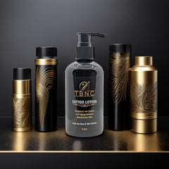 TBNC Tattoo Aftercare Lotion texture shown as lightweight, non-greasy on skin.