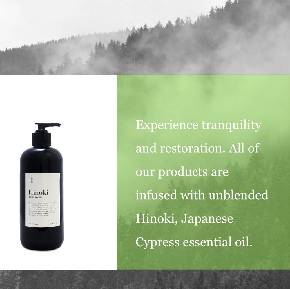 TE + TE Hinoki Body Wash ingredients list featuring Hinoki oil and gentle cleansers.