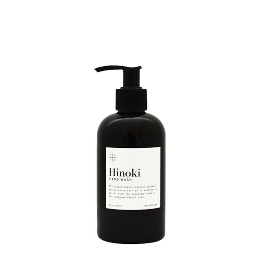 TE + TE Hinoki hand wash bottle with subtle scent and gentle cleansing.