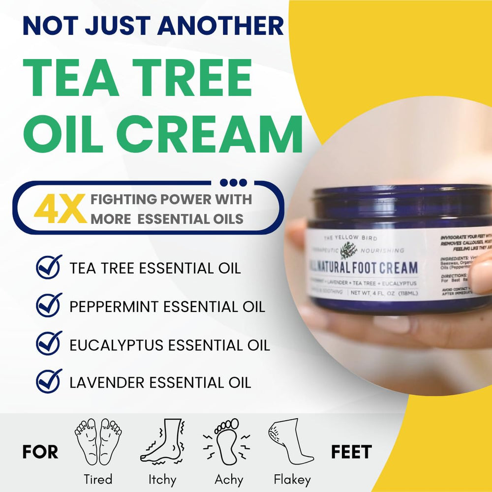 The Yellow Bird tea tree foot cream bottle highlights natural ingredients.