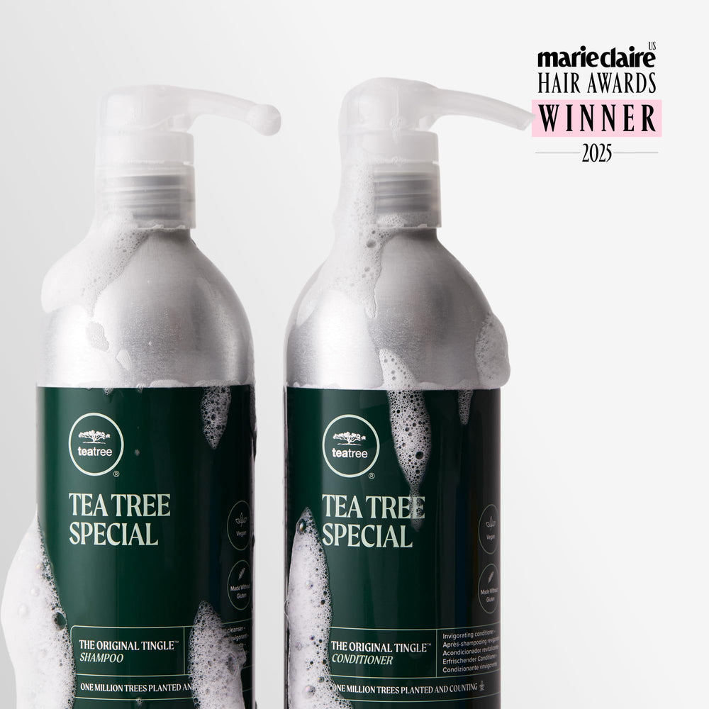 Tea Tree Special aluminum bottle label design highlights the refreshingly aromatic product.