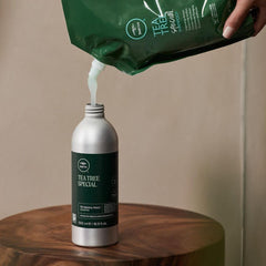 Tea Tree Special aluminum bottle refill pouch promotes sustainable reuse and reduced waste.