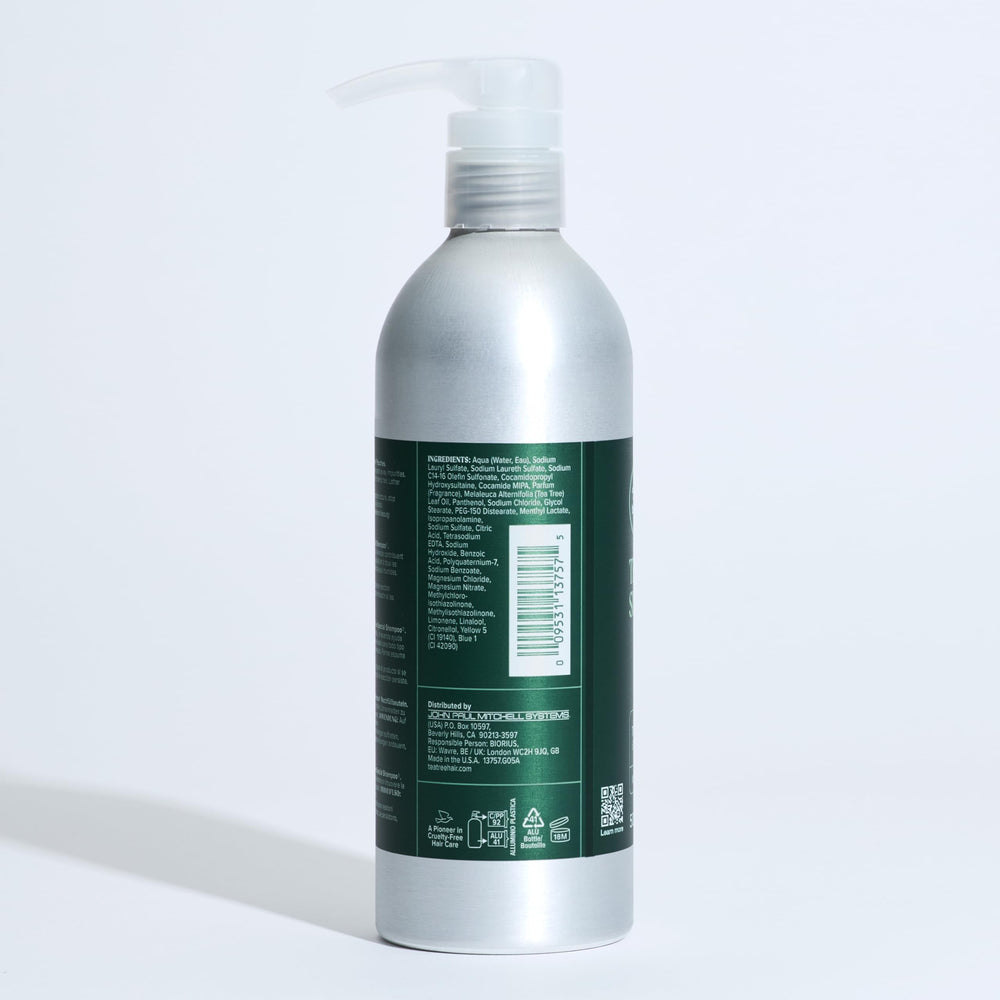 Tea Tree Special packaging close-up label emphasizes eco-friendly bottle concept.