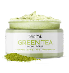 Teami Matcha Green Tea Facial Scrub jar showcases gentle exfoliation for radiant skin.