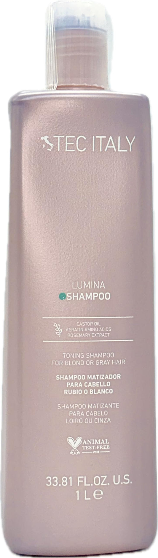 Tec Italy Lumina Shampoo bottle pouring for violet toning of blond and gray hair.