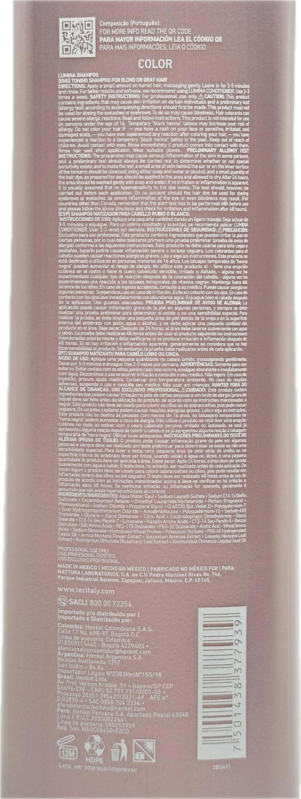 Tec Italy Lumina Shampoo foamy lather used to refresh highlights.