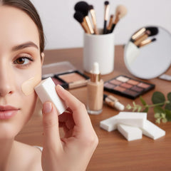 TecUnite wedge sponge used on the face for precise blending.
