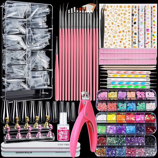 Teenitor acrylic fake nails kit with clear coffin tips for durable at-home manicures.