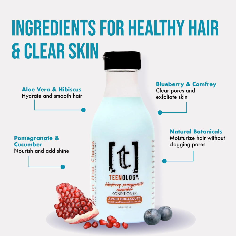 Teenology Teen Conditioner ingredients with blueberry, pomegranate, cucumber for skin and hair care.
