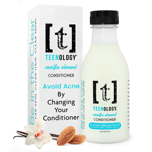 Teenology Teen Conditioner Vanilla Almond bottle showcases the product for clear skin and healthy hair.