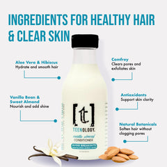 Teenology Teen Conditioner Vanilla Almond bottle-pump demonstrates easy, mess-free hair care application.