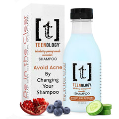 Teenology Teen Shampoo bottle featuring blueberry pomegranate cucumber for clearer skin and healthier hair.