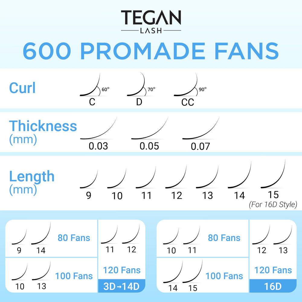 TEGAN LASH Promade fan mix eyelashes 0.05/0.07 curl for steady hold and natural fullness