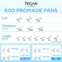 TEGAN LASH Promade fan mix eyelashes 0.05/0.07 curl for steady hold and natural fullness