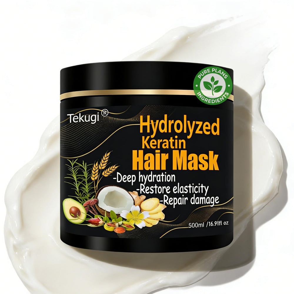 Tekugi bottle close-up of the hydrolyzed keratin mask for a glossy, healthy look