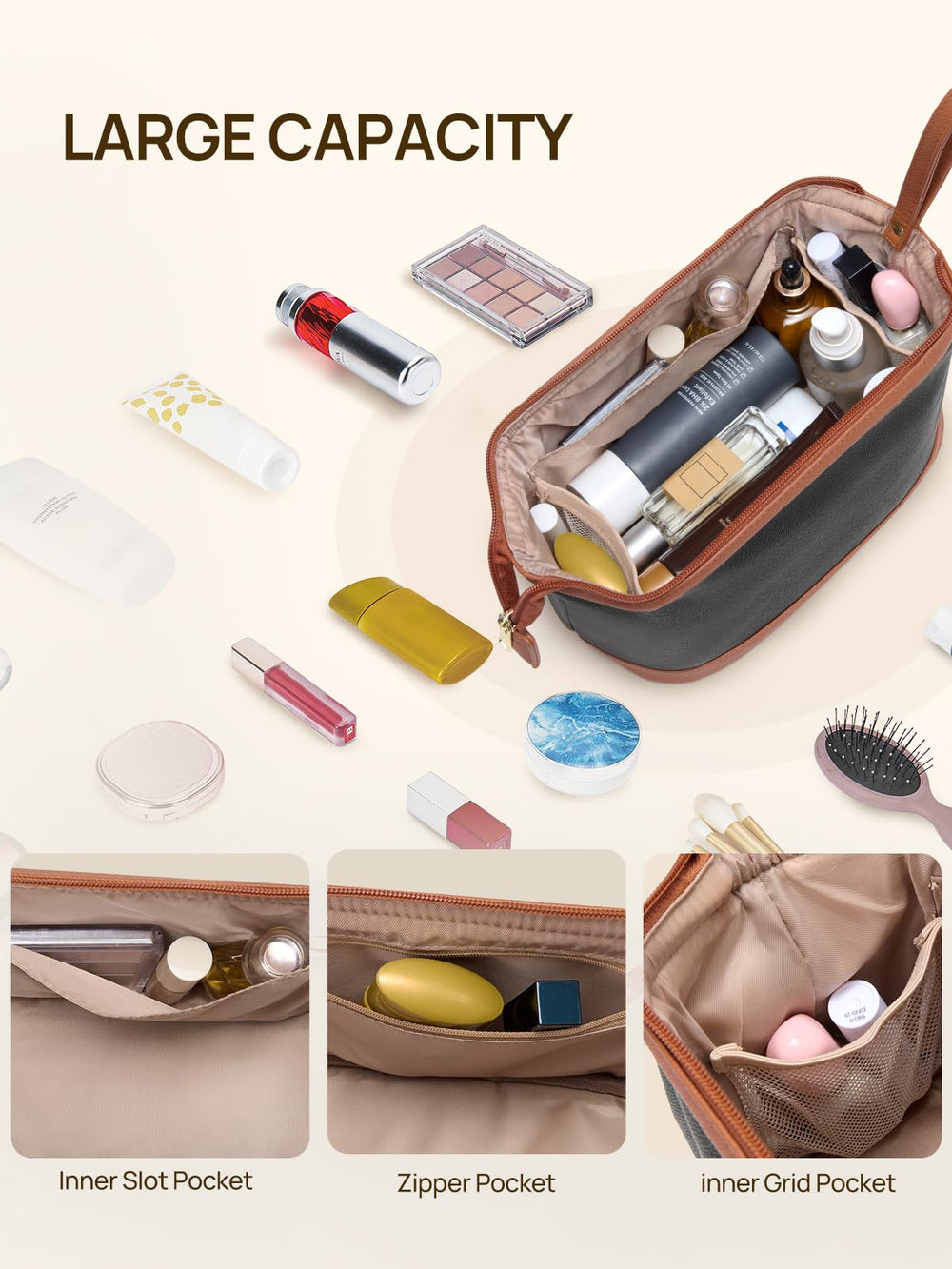 Telena makeup bag features water-resistant PU leather to protect contents in damp conditions.