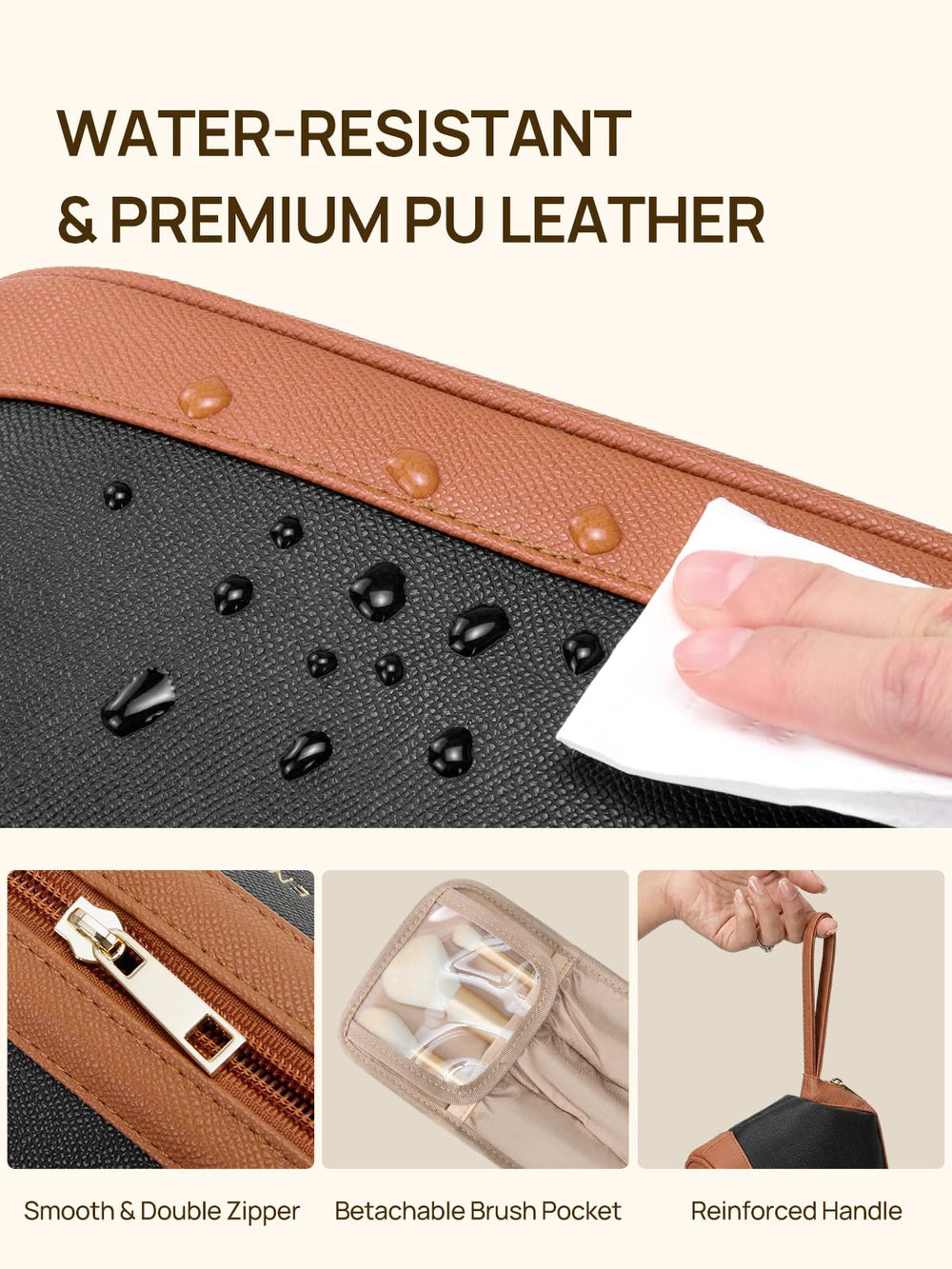 Telena makeup bag wide opening design for quick access to makeup and skincare.