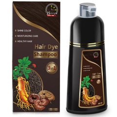 Temgofeau dark brown shampoo bottle demonstrates quick gray coverage.