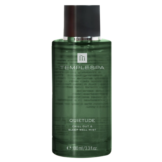 TEMPLESPA Quietude mist bottle on nightstand for a calming bedtime ritual.