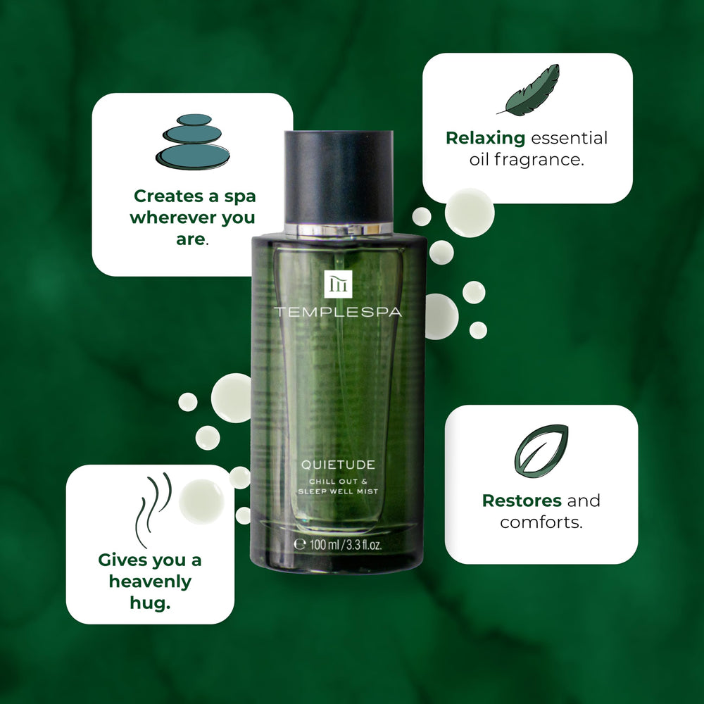 TEMPLESPA Quietude mist spray application demonstrates quick, soothing aroma to unwind after a hectic day.