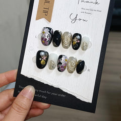 TENPAL Black Gold Floral Cat Eye Nails kit box with tools for easy at-home application.