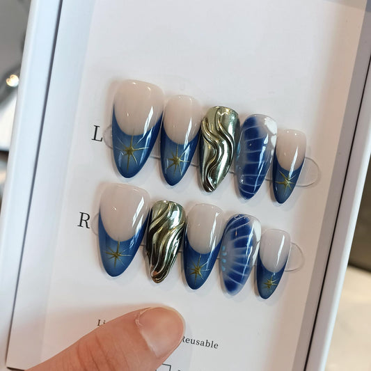 TENPAL blue French tip almond nails with glossy finish for chic everyday wear