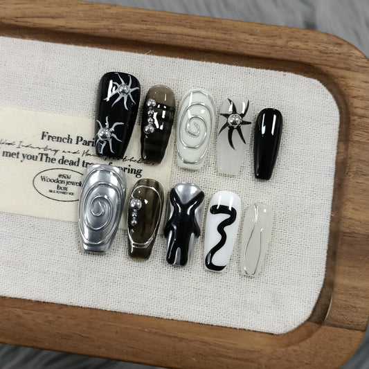 TENPAL Dark Silver Gothic press-on nails in long coffin shape for a bold party-ready look
