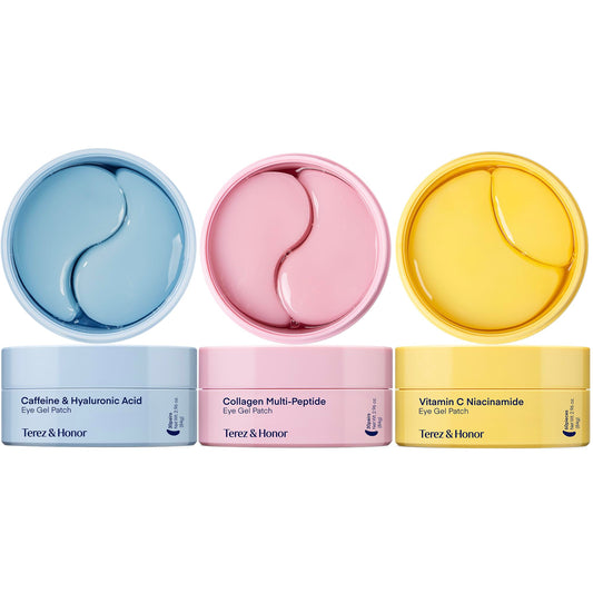 TEREZ & HONOR Eye Patches jar close-up highlighting caffeine for refreshed-looking eyes.