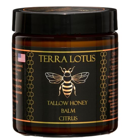 Terra Lotus Honey Tallow Balm jar shown, rich moisture for face and body