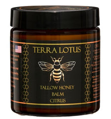 Terra Lotus Honey Tallow Balm jar shown, rich moisture for face and body