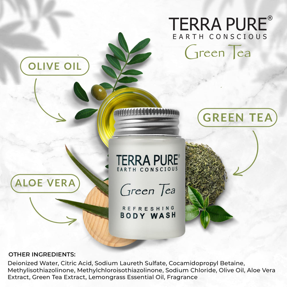 Terra Pure compact bottle packaging saving counter space in hotel bathrooms