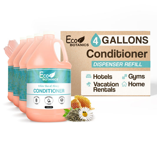 The Terra Pure Eco Botanics conditioner bottle shows honey and white tea on the label for guest rooms.