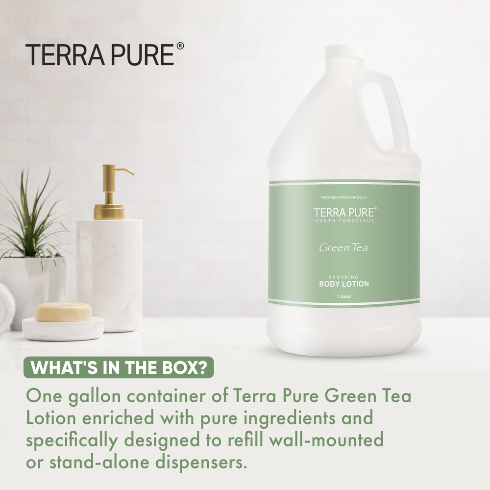 Terra Pure Green Tea Lotion pump bottle shown for easy guest refills in hotels