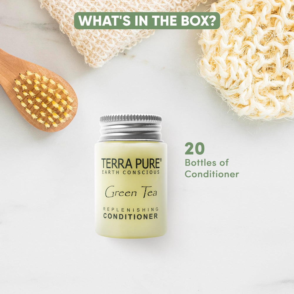Terra Pure green tea scent bottle closeup in a guest room