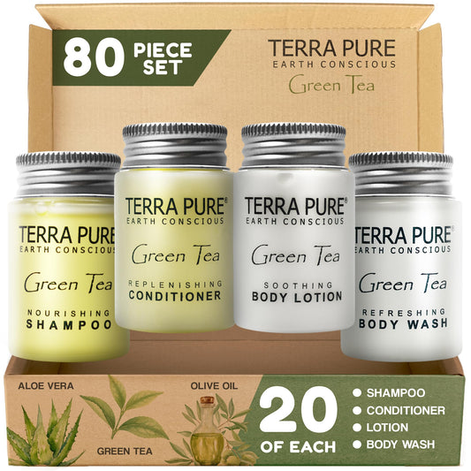 Terra Pure Green Tea Shampoo bottle—hotel-ready care for soft hair and refreshed guests.