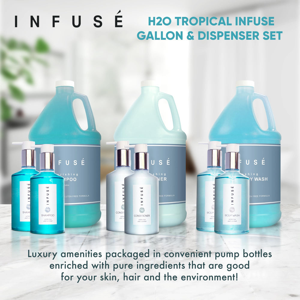 Terra Pure H2O Tropical Infuse shampoo gallon bottle close-up for guests