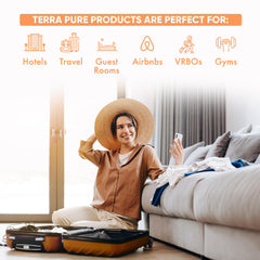 Terra Pure hotel amenities bulk packaging shown for convenient guest rooms