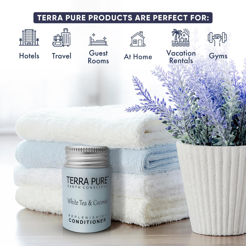 Terra Pure hotel amenities display featuring conditioner for on-the-go guest care.
