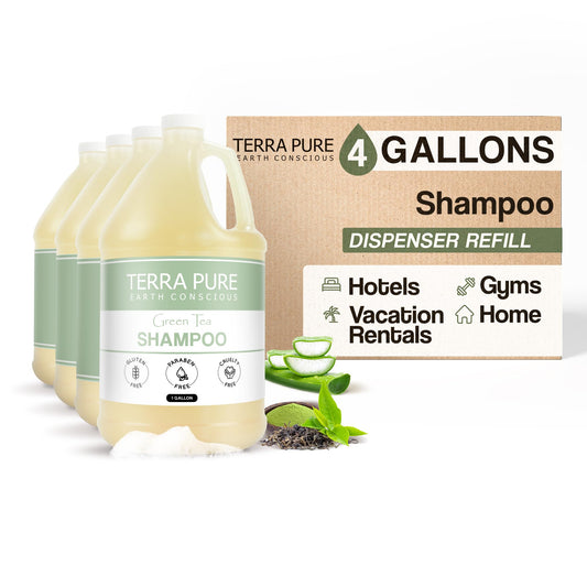 Terra Pure Hotel Shampoo bottle with pump for easy guest-room dispensing.