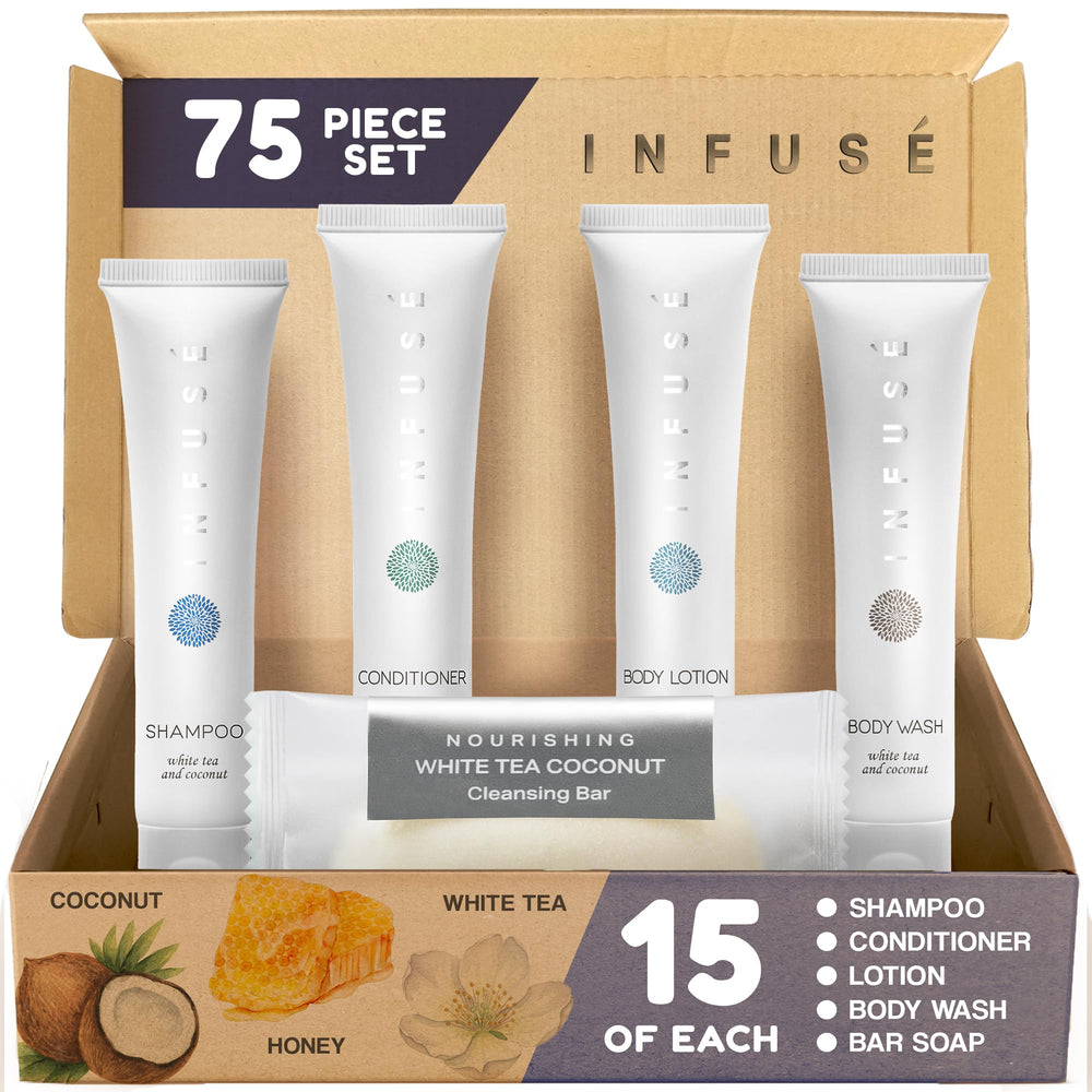 Terra Pure Infuse White Tea Coconut Shampoo bottle for refreshing guest showers.