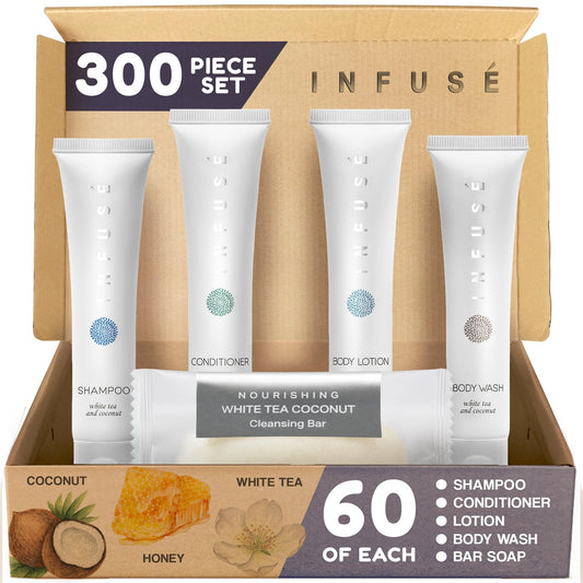 Terra Pure Infuse White Tea shampoo bottle for guest rooms with a refreshing scent.