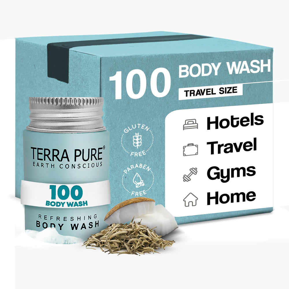 Terra Pure travel-size body wash bottle for hotel room use