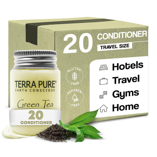 Terra Pure travel-size conditioner bottles on a shelf for guest amenities