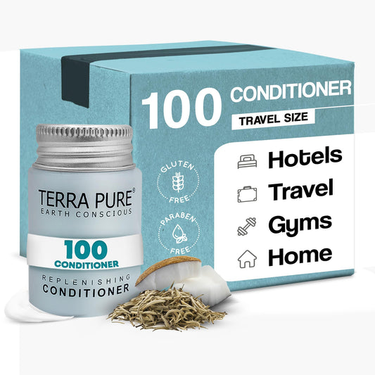 Terra Pure travel-size conditioner bottle with white tea and coconut scent for hotel guests.