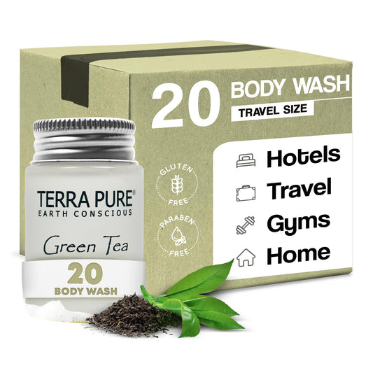 Terra Pure travel-size hotel body wash bottle for easy restocking in guest rooms