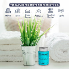 Terra Pure travel-size hotel shampoo 1 oz bottles, designed for bulk guest amenities.
