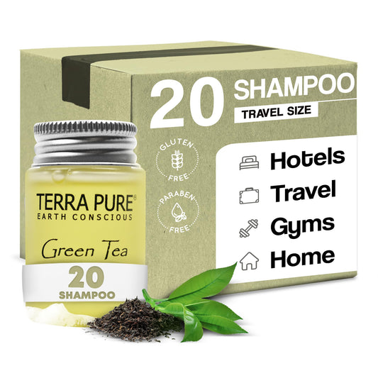 Terra Pure travel-size shampoo 20-count bottles for hotel guest amenities.