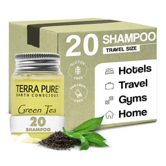 Terra Pure travel-size shampoo 20-count bottles for hotel guest amenities.