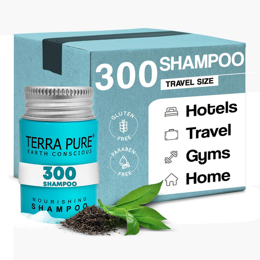 Terra Pure travel-size shampoo jar for hotel guest amenities, convenient and mess-free.