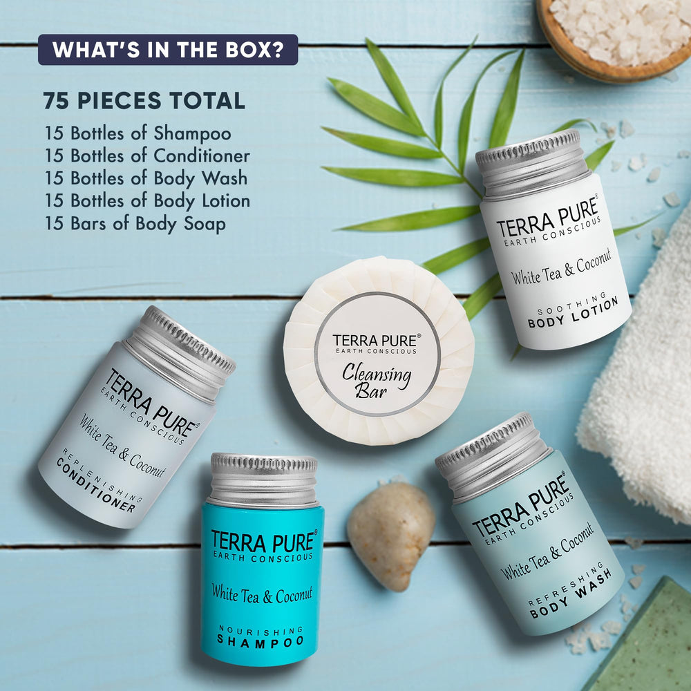 Terra Pure body wash bottle delivering spa-like cleansing in guest rooms.